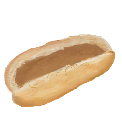 A drawing of a hot dog bun, which is a long bread roll cut in two with some space leaving the two halves joined together at the bottom. It is drawn in a painterly, lineless style.